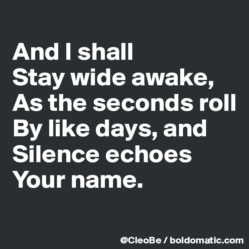 
And I shall
Stay wide awake,
As the seconds roll
By like days, and 
Silence echoes 
Your name.
