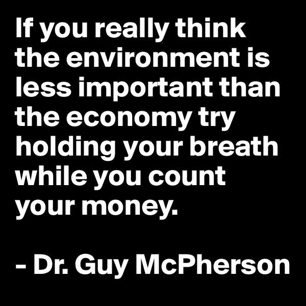 If you really think the environment is less important than the economy try holding your breath while you count your money. 

- Dr. Guy McPherson