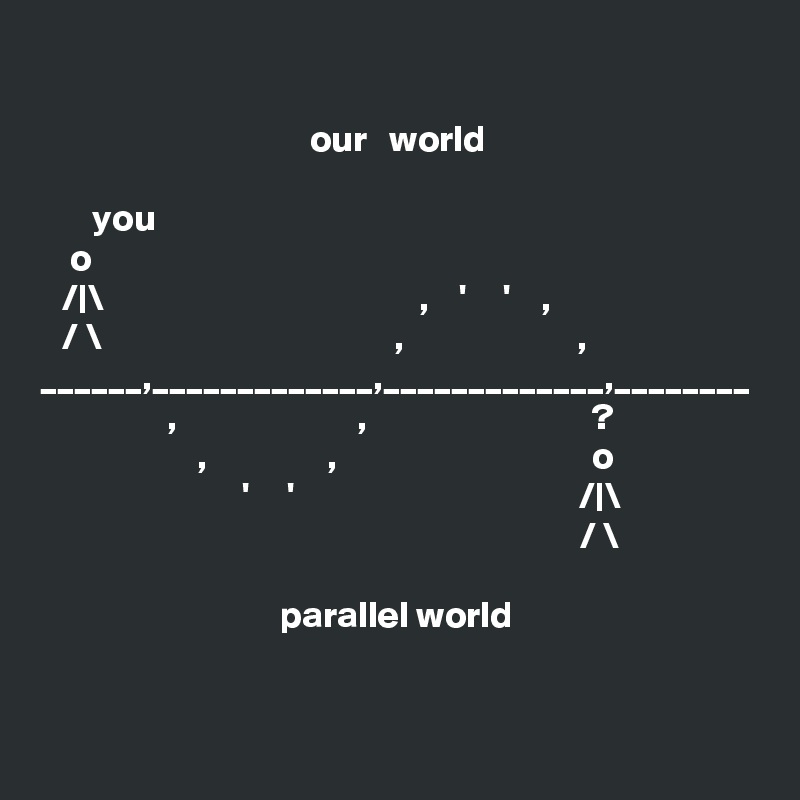 

                                    our   world
                                    
       you                                    
    o                                                  
   /|\                                          ,    '     '    ,
   / \                                       ,                       ,           
______,_____________,_____________,________
                 ,                        ,                              ?        
                     ,                ,                                  o  
                           '     '                                      /|\
                                                                        / \
             
                                parallel world


