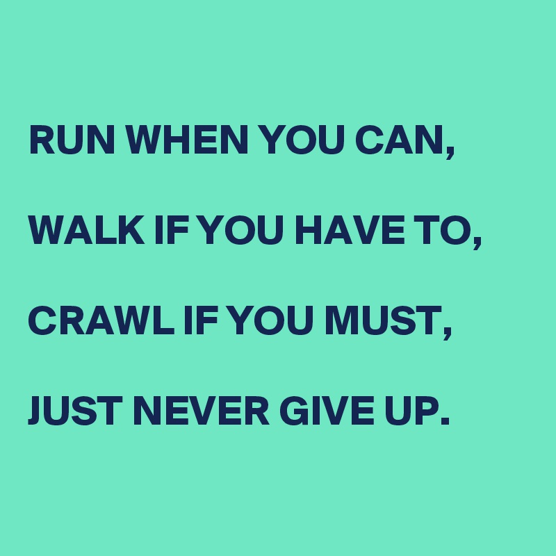 

RUN WHEN YOU CAN,

WALK IF YOU HAVE TO,

CRAWL IF YOU MUST,

JUST NEVER GIVE UP.

