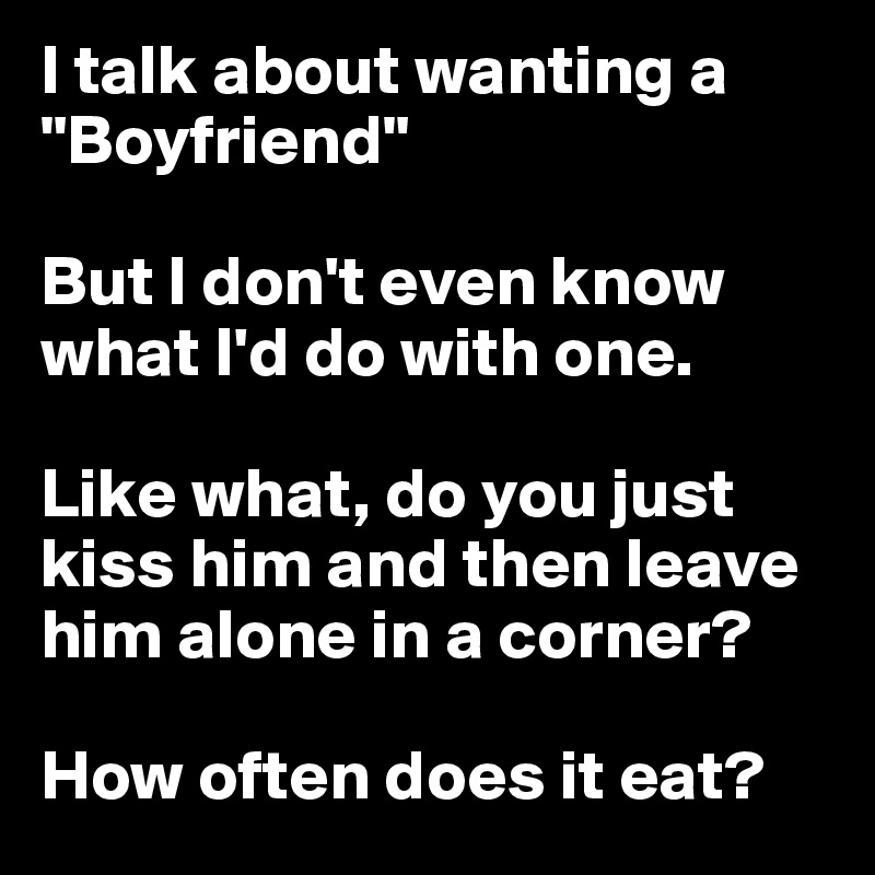 I talk about wanting a "Boyfriend"

But I don't even know what I'd do with one. 

Like what, do you just kiss him and then leave him alone in a corner? 

How often does it eat?