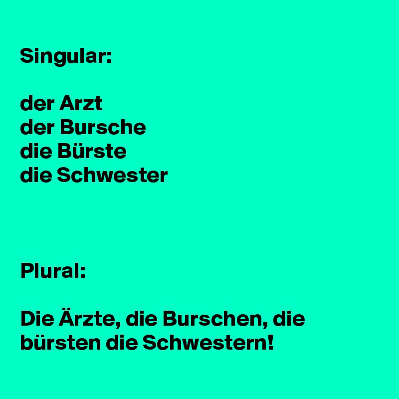 
Singular:

der Arzt
der Bursche
die Bürste
die Schwester



Plural:

Die Ärzte, die Burschen, die bürsten die Schwestern!
