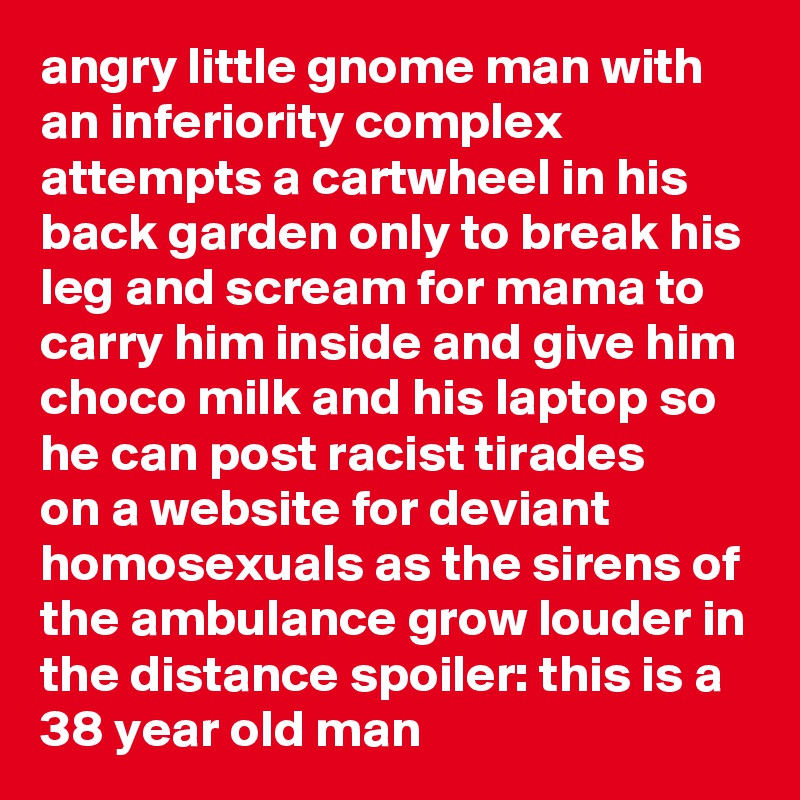 angry little gnome man with an inferiority complex attempts a cartwheel in his back garden only to break his leg and scream for mama to carry him inside and give him choco milk and his laptop so he can post racist tirades
on a website for deviant homosexuals as the sirens of the ambulance grow louder in the distance spoiler: this is a 38 year old man