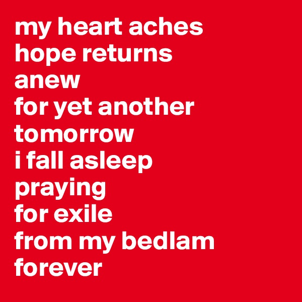 my heart aches 
hope returns 
anew 
for yet another tomorrow 
i fall asleep 
praying 
for exile 
from my bedlam forever