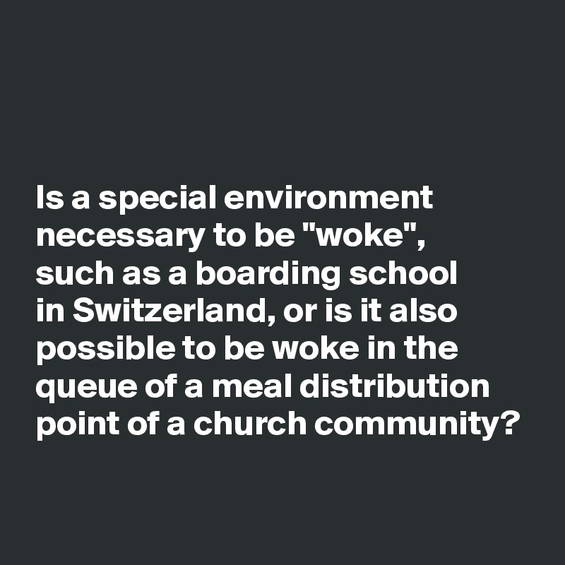 



 Is a special environment
 necessary to be "woke",
 such as a boarding school
 in Switzerland, or is it also
 possible to be woke in the
 queue of a meal distribution
 point of a church community?

