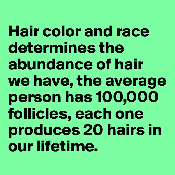 
Hair color and race determines the abundance of hair we have, the average person has 100,000 follicles, each one produces 20 hairs in our lifetime.