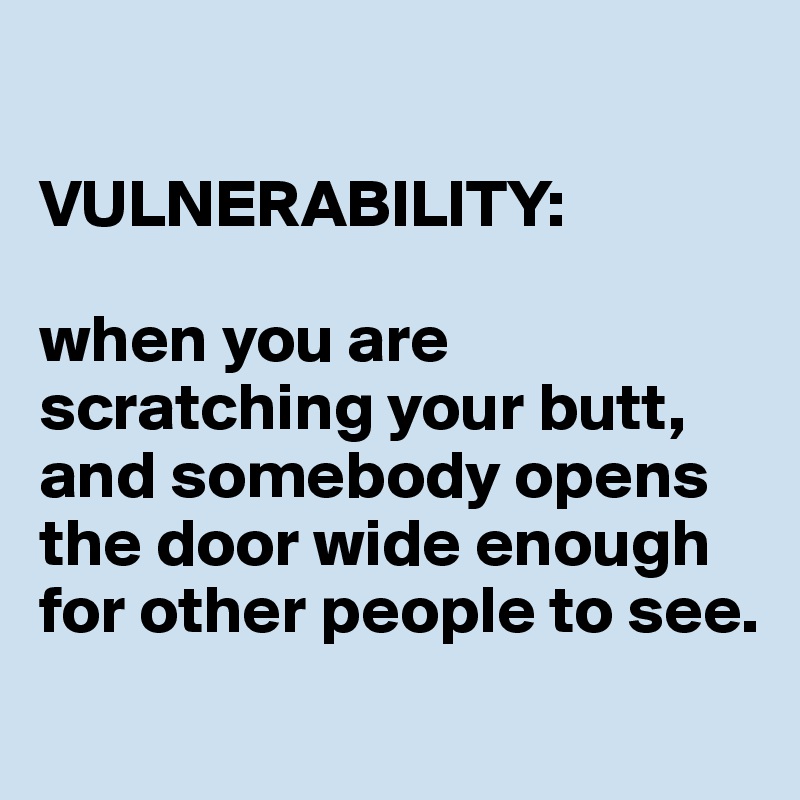 

VULNERABILITY:

when you are scratching your butt, and somebody opens the door wide enough for other people to see.
