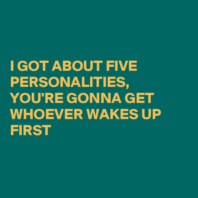 


I GOT ABOUT FIVE PERSONALITIES, YOU'RE GONNA GET WHOEVER WAKES UP FIRST 


