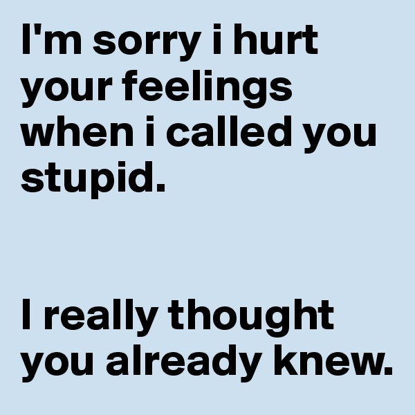 I'm sorry i hurt your feelings when i called you stupid.


I really thought you already knew.