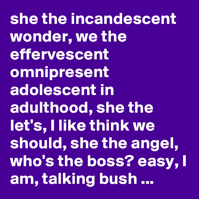 she the incandescent wonder, we the effervescent omnipresent adolescent in adulthood, she the let's, I like think we should, she the angel, who's the boss? easy, I am, talking bush ...