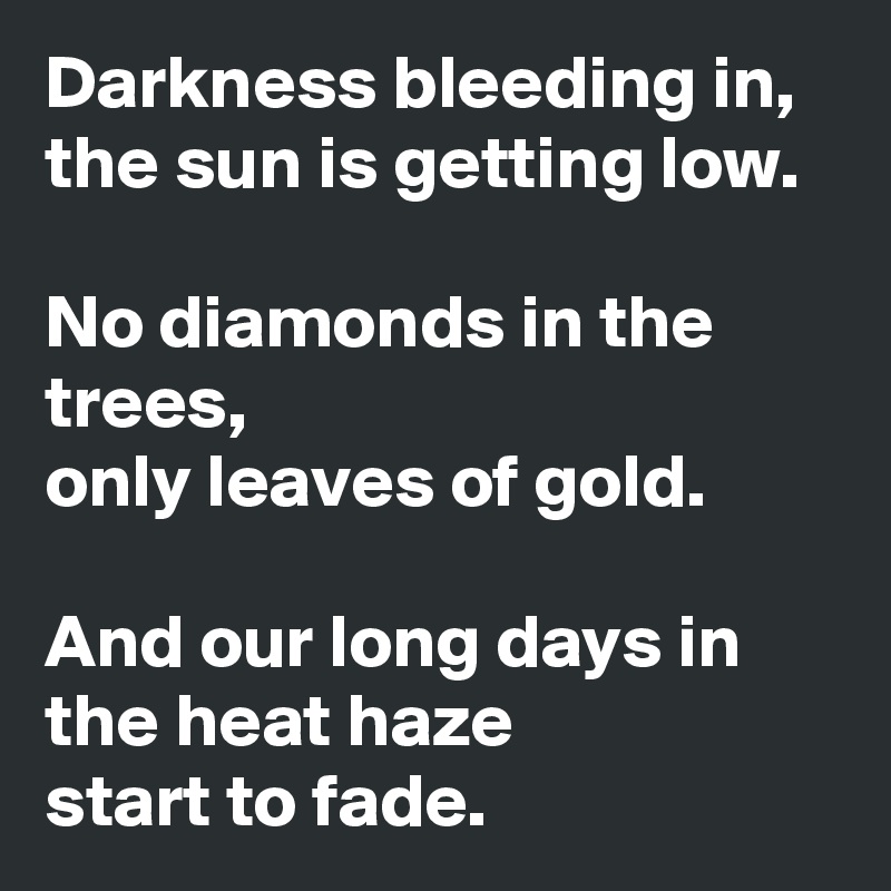 Darkness bleeding in, 
the sun is getting low. 

No diamonds in the trees,
only leaves of gold.

And our long days in the heat haze 
start to fade.