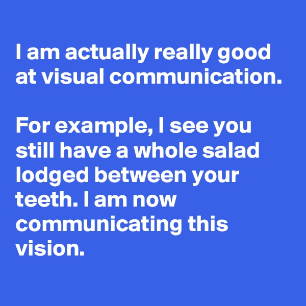 
I am actually really good at visual communication. 

For example, I see you still have a whole salad  lodged between your teeth. l am now communicating this vision. 