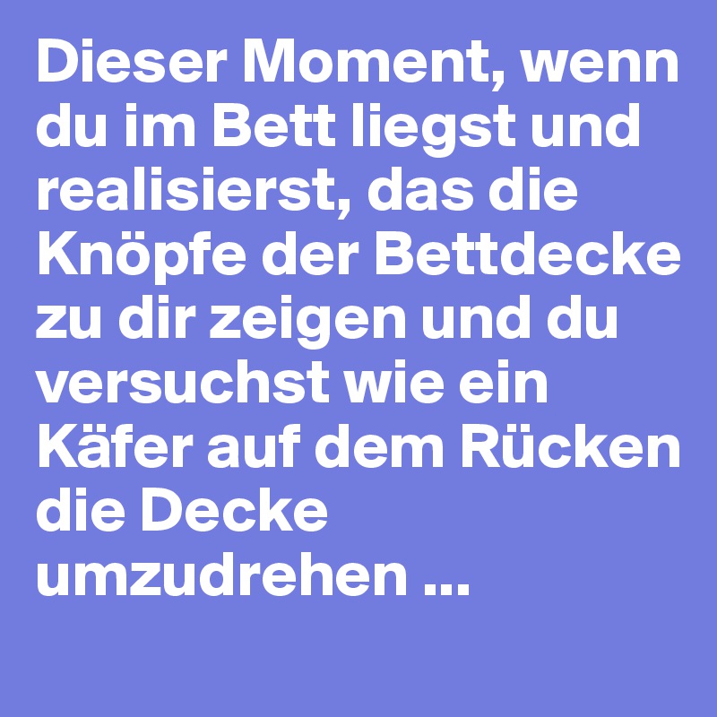 Dieser Moment, wenn du im Bett liegst und realisierst, das die Knöpfe der Bettdecke zu dir zeigen und du versuchst wie ein Käfer auf dem Rücken die Decke umzudrehen ...