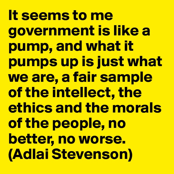 It seems to me government is like a pump, and what it pumps up is just what we are, a fair sample of the intellect, the ethics and the morals of the people, no better, no worse. (Adlai Stevenson)