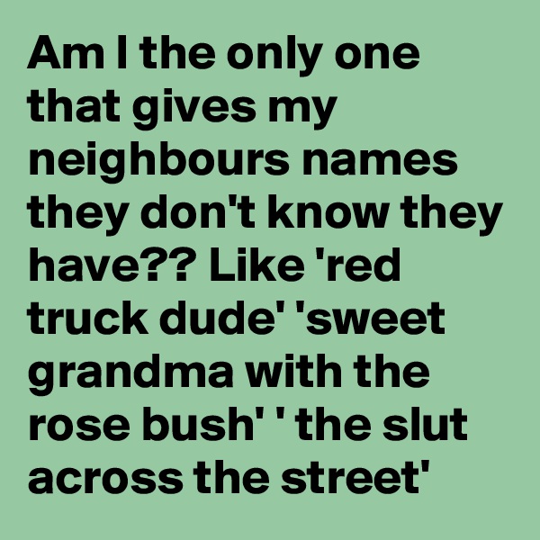 Am I the only one that gives my neighbours names they don't know they have?? Like 'red truck dude' 'sweet grandma with the rose bush' ' the slut across the street'