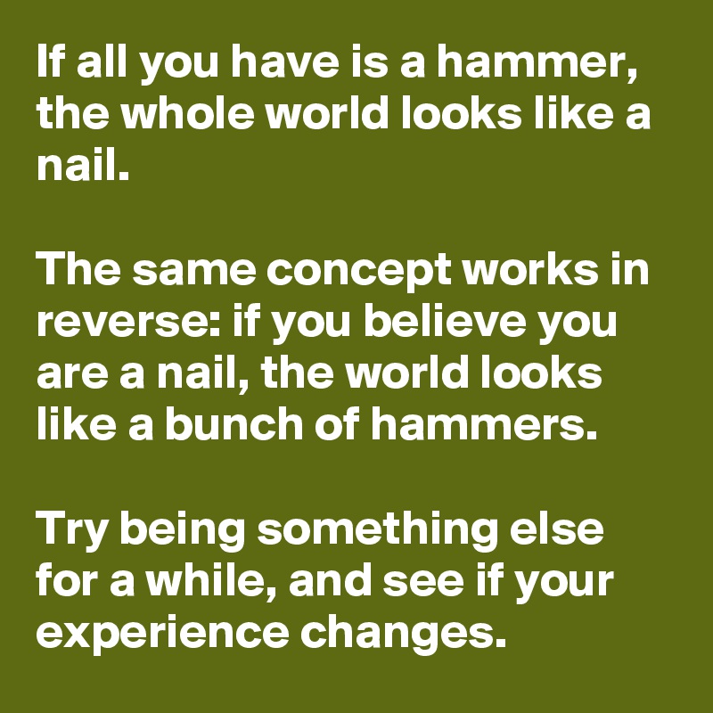 If all you have is a hammer, the whole world looks like a nail.

The same concept works in reverse: if you believe you are a nail, the world looks like a bunch of hammers. 

Try being something else for a while, and see if your experience changes.