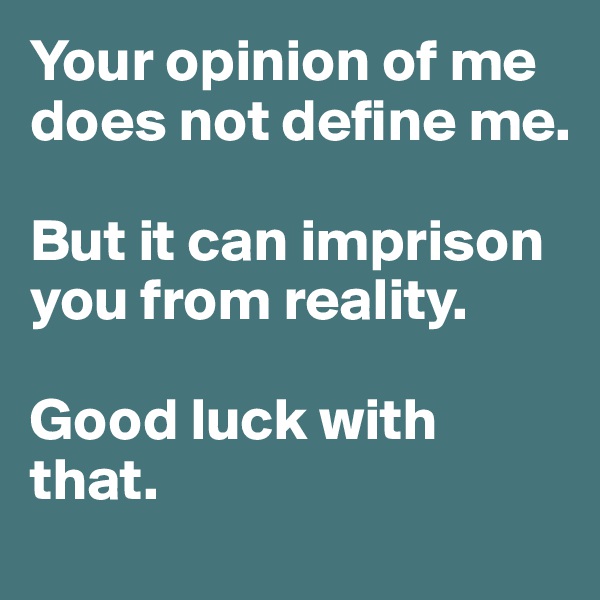 Your opinion of me does not define me. 

But it can imprison you from reality. 

Good luck with that.