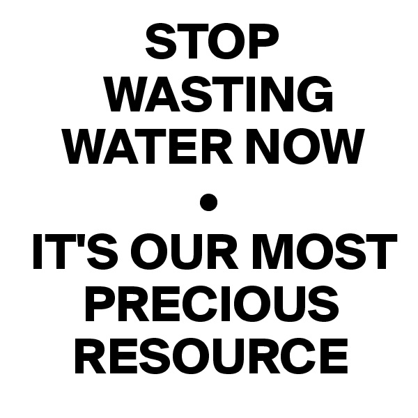             STOP 
        WASTING 
    WATER NOW
                 •
 IT'S OUR MOST 
      PRECIOUS 
     RESOURCE