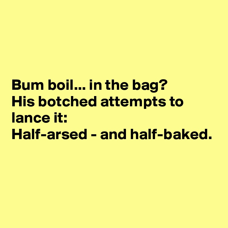 



Bum boil... in the bag?
His botched attempts to lance it:
Half-arsed - and half-baked.



