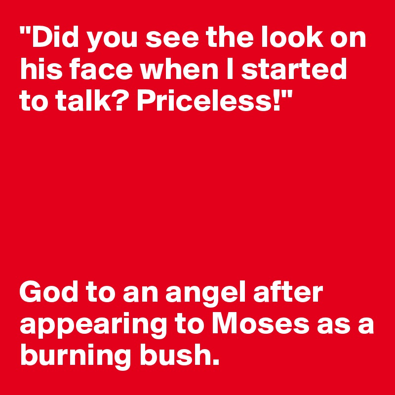 "Did you see the look on his face when I started to talk? Priceless!"





God to an angel after appearing to Moses as a burning bush.