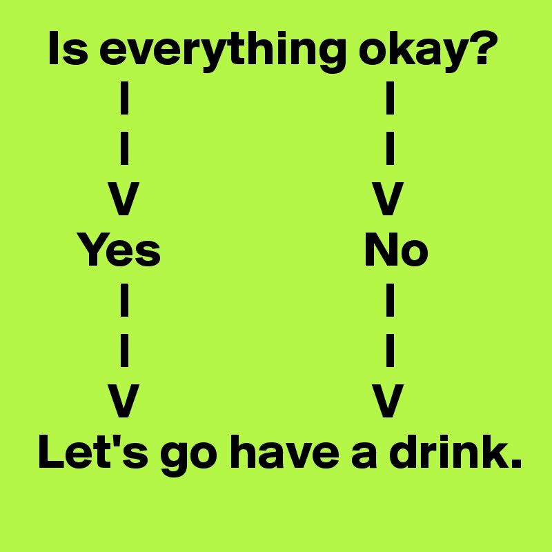   Is everything okay?
         l                         l
         l                         l
        V                       V
     Yes                    No
         l                         l
         l                         l
        V                       V
 Let's go have a drink. 