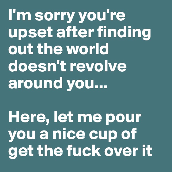 I'm sorry you're upset after finding out the world doesn't revolve around you... 

Here, let me pour you a nice cup of get the fuck over it
