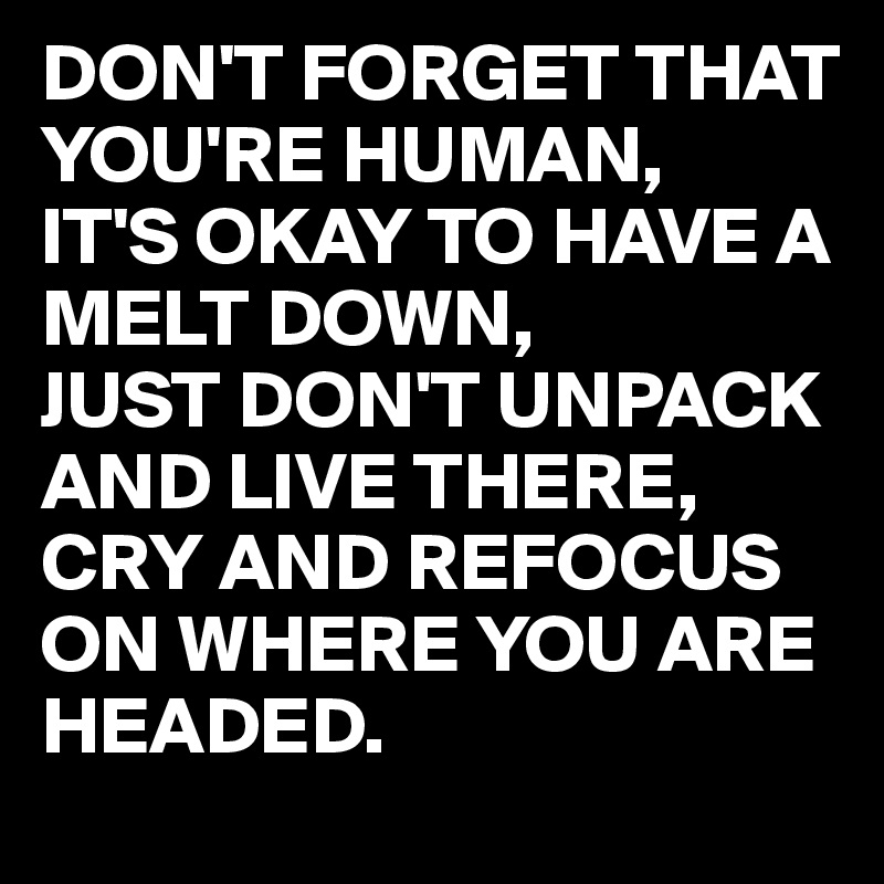 DON'T FORGET THAT YOU'RE HUMAN, 
IT'S OKAY TO HAVE A MELT DOWN, 
JUST DON'T UNPACK AND LIVE THERE,
CRY AND REFOCUS ON WHERE YOU ARE HEADED.