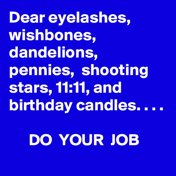 Dear eyelashes, wishbones, dandelions, pennies,  shooting stars, 11:11, and birthday candles. . . .

      DO  YOUR  JOB 