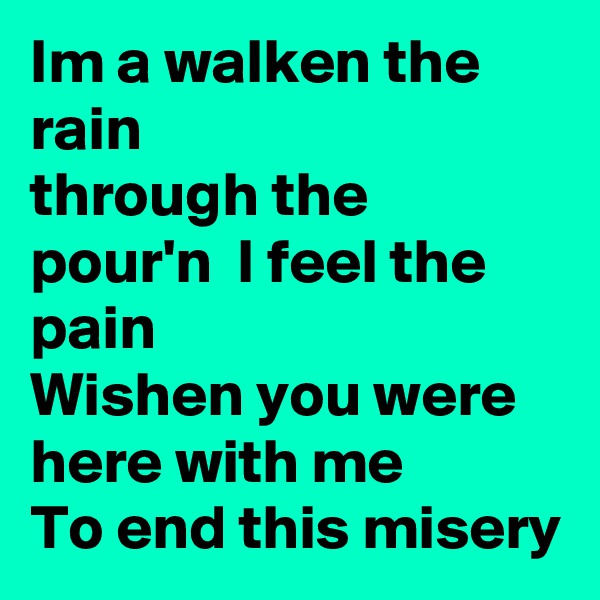 Im a walken the rain
through the pour'n  I feel the pain 
Wishen you were here with me 
To end this misery