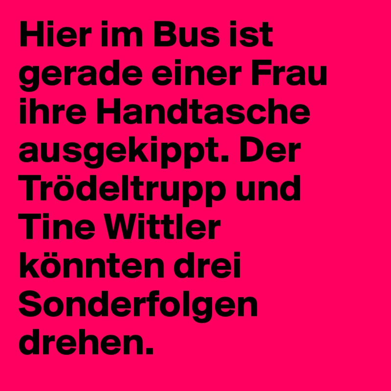 Hier im Bus ist gerade einer Frau ihre Handtasche ausgekippt. Der Trödeltrupp und Tine Wittler könnten drei Sonderfolgen drehen.