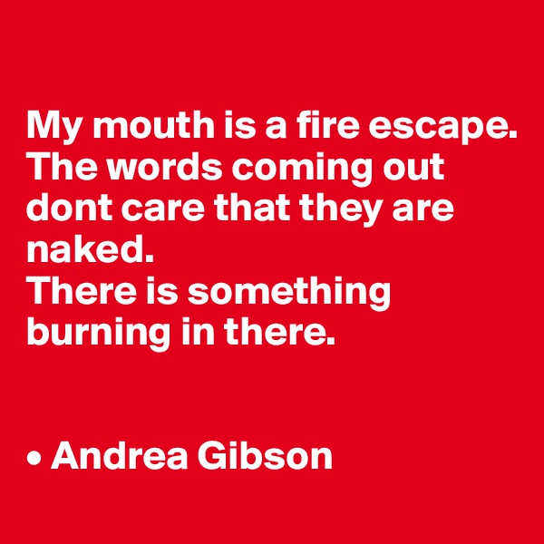 

My mouth is a fire escape.
The words coming out
dont care that they are naked.
There is something burning in there.


• Andrea Gibson