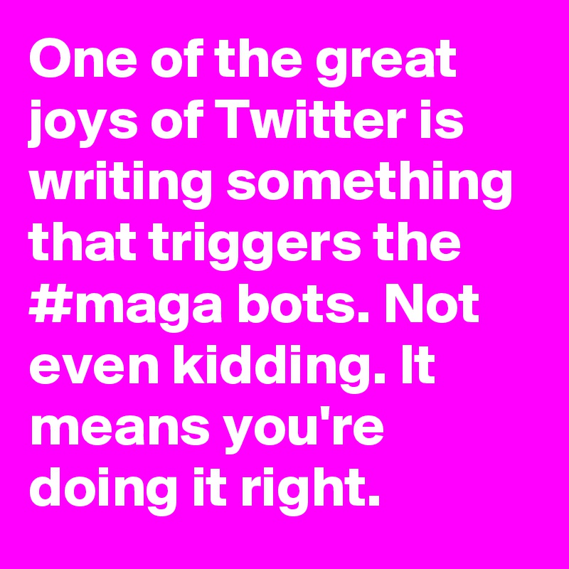 One of the great joys of Twitter is writing something that triggers the #maga bots. Not even kidding. It means you're doing it right.