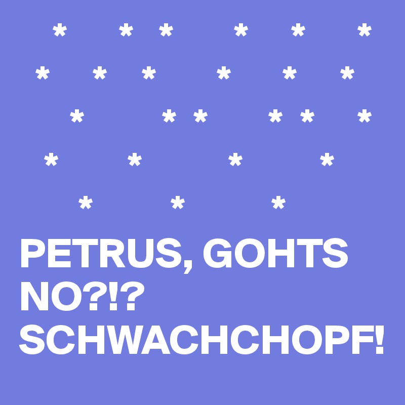     *      *   *       *     *      *
  *     *    *       *      *     *       
      *         *  *       *  *     *
   *        *          *         *
       *         *          *
PETRUS, GOHTS NO?!? SCHWACHCHOPF!