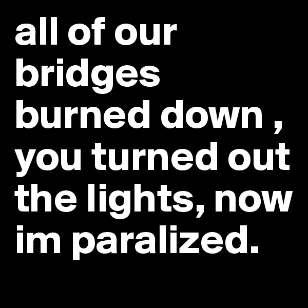 all of our bridges burned down , you turned out the lights, now im paralized.