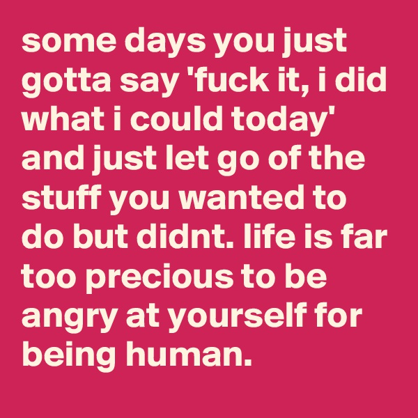 some days you just gotta say 'fuck it, i did what i could today' and just let go of the stuff you wanted to do but didnt. life is far too precious to be angry at yourself for being human. 