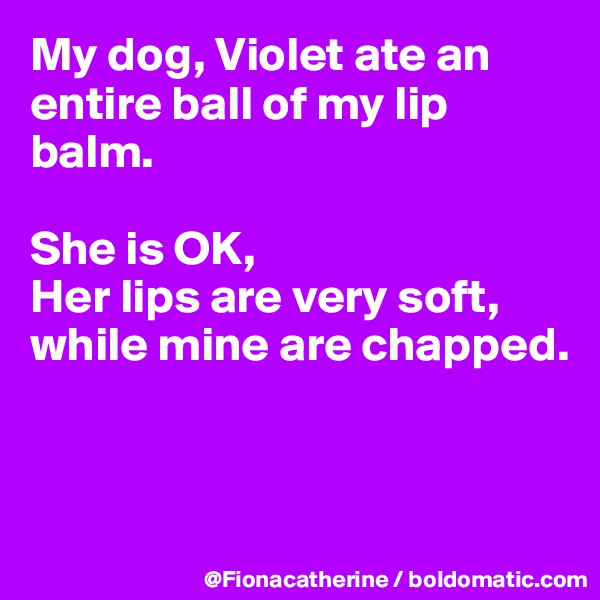 My dog, Violet ate an entire ball of my lip balm.

She is OK, 
Her lips are very soft,
while mine are chapped.



