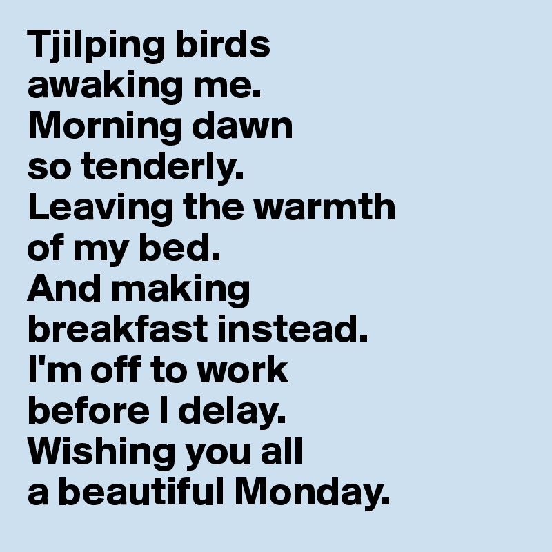 Tjilping birds 
awaking me. 
Morning dawn 
so tenderly. 
Leaving the warmth 
of my bed. 
And making 
breakfast instead. 
I'm off to work 
before I delay. 
Wishing you all 
a beautiful Monday.