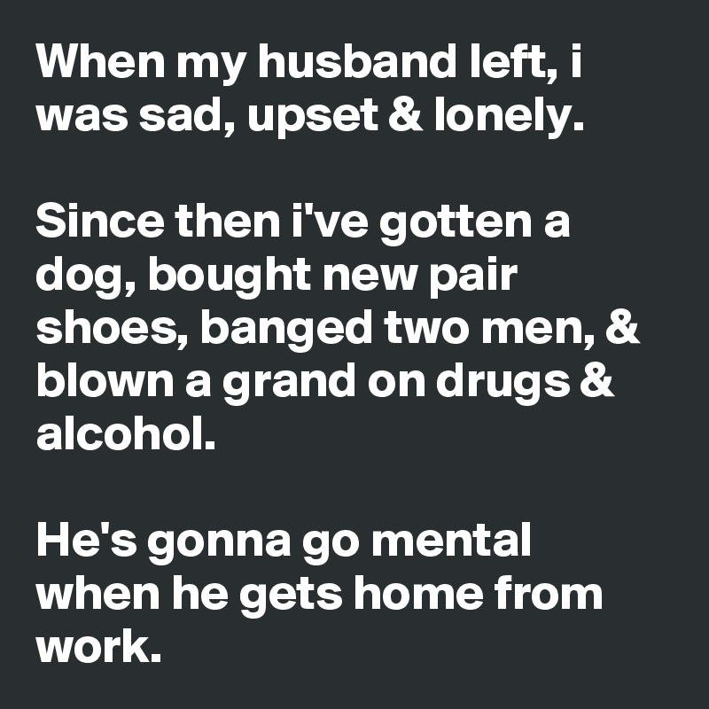 When my husband left, i was sad, upset & lonely.

Since then i've gotten a dog, bought new pair shoes, banged two men, & blown a grand on drugs & alcohol.

He's gonna go mental when he gets home from work.