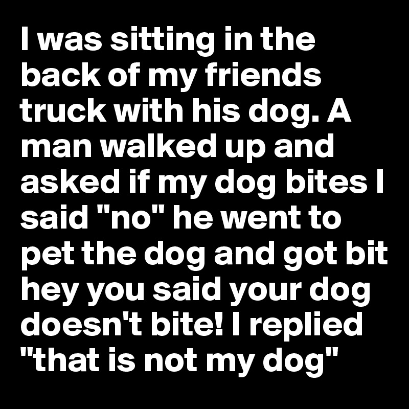 I was sitting in the back of my friends truck with his dog. A man walked up and asked if my dog bites I said "no" he went to pet the dog and got bit hey you said your dog doesn't bite! I replied "that is not my dog" 