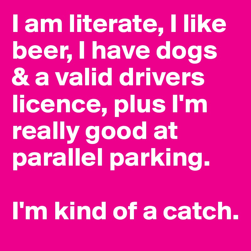 I am literate, I like beer, I have dogs & a valid drivers licence, plus I'm really good at parallel parking.

I'm kind of a catch.