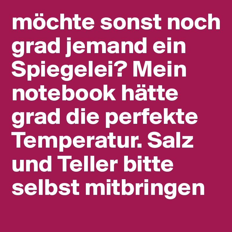 möchte sonst noch grad jemand ein Spiegelei? Mein notebook hätte grad die perfekte Temperatur. Salz und Teller bitte selbst mitbringen