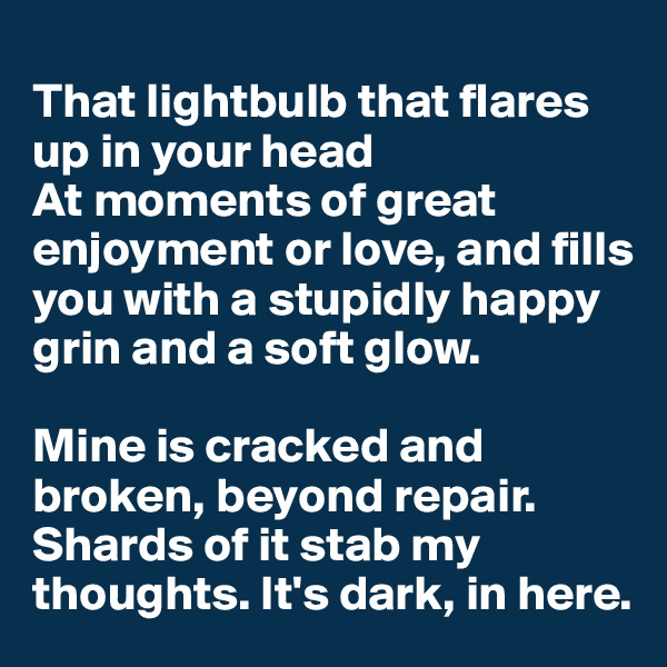 
That lightbulb that flares up in your head
At moments of great enjoyment or love, and fills you with a stupidly happy grin and a soft glow.

Mine is cracked and broken, beyond repair. Shards of it stab my thoughts. It's dark, in here.
