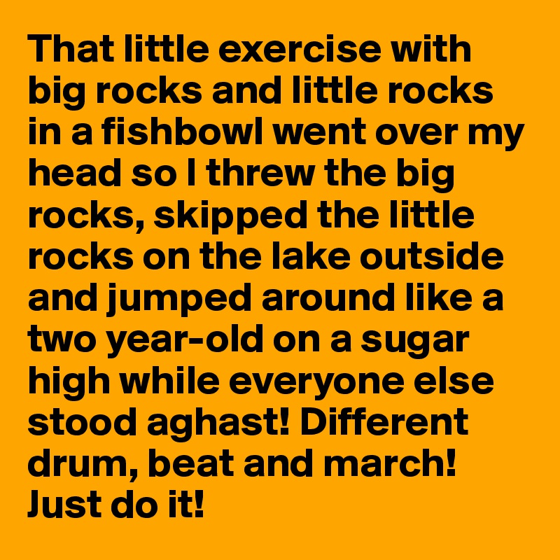 That little exercise with big rocks and little rocks in a fishbowl went over my head so I threw the big rocks, skipped the little rocks on the lake outside and jumped around like a two year-old on a sugar high while everyone else stood aghast! Different drum, beat and march! Just do it!