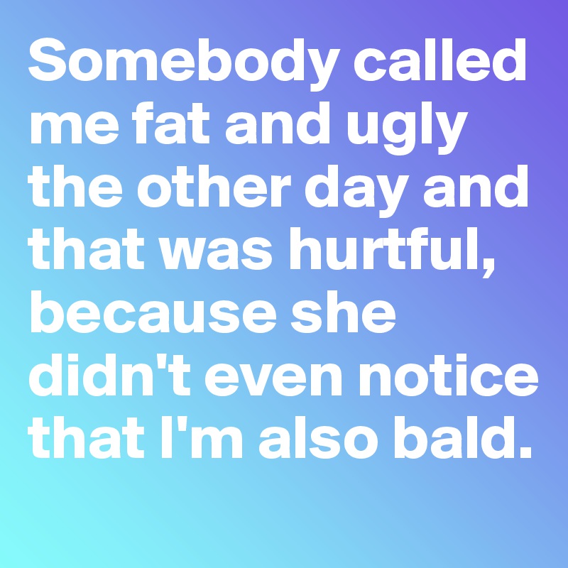 Somebody called me fat and ugly the other day and that was hurtful, because she didn't even notice that I'm also bald. 