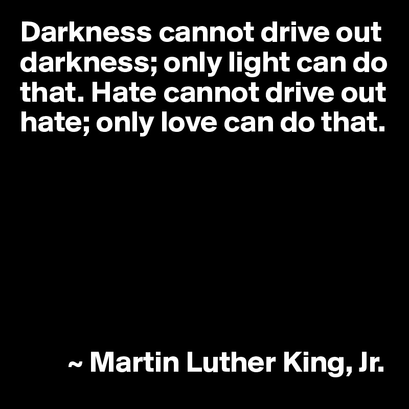 Darkness cannot drive out darkness; only light can do that. Hate cannot drive out hate; only love can do that.







        ~ Martin Luther King, Jr.
