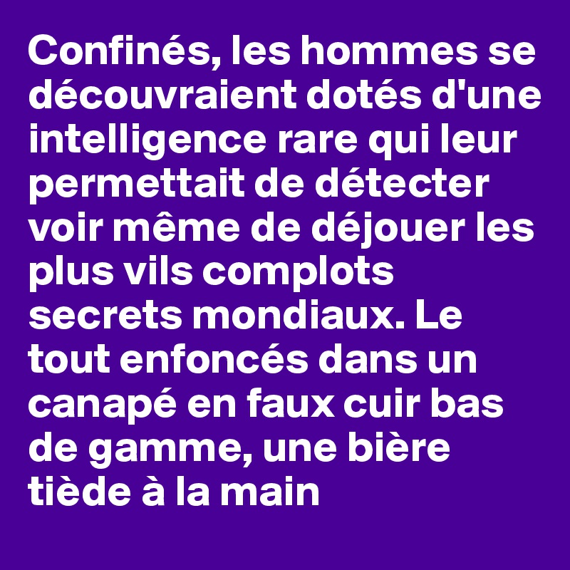 Confinés, les hommes se découvraient dotés d'une intelligence rare qui leur permettait de détecter voir même de déjouer les plus vils complots secrets mondiaux. Le tout enfoncés dans un canapé en faux cuir bas de gamme, une bière tiède à la main