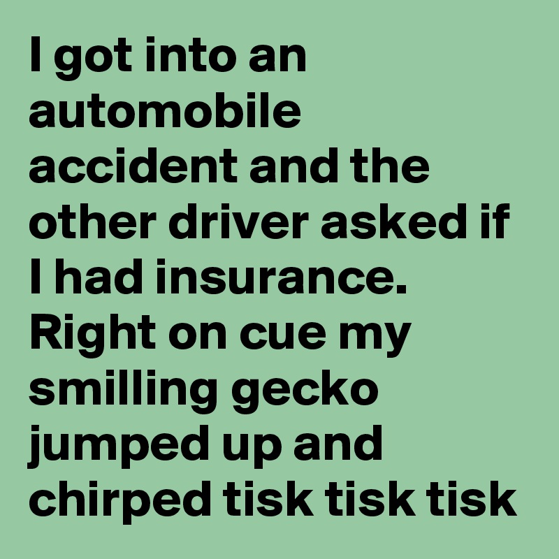 I got into an automobile accident and the other driver asked if I had insurance. Right on cue my smilling gecko jumped up and chirped tisk tisk tisk