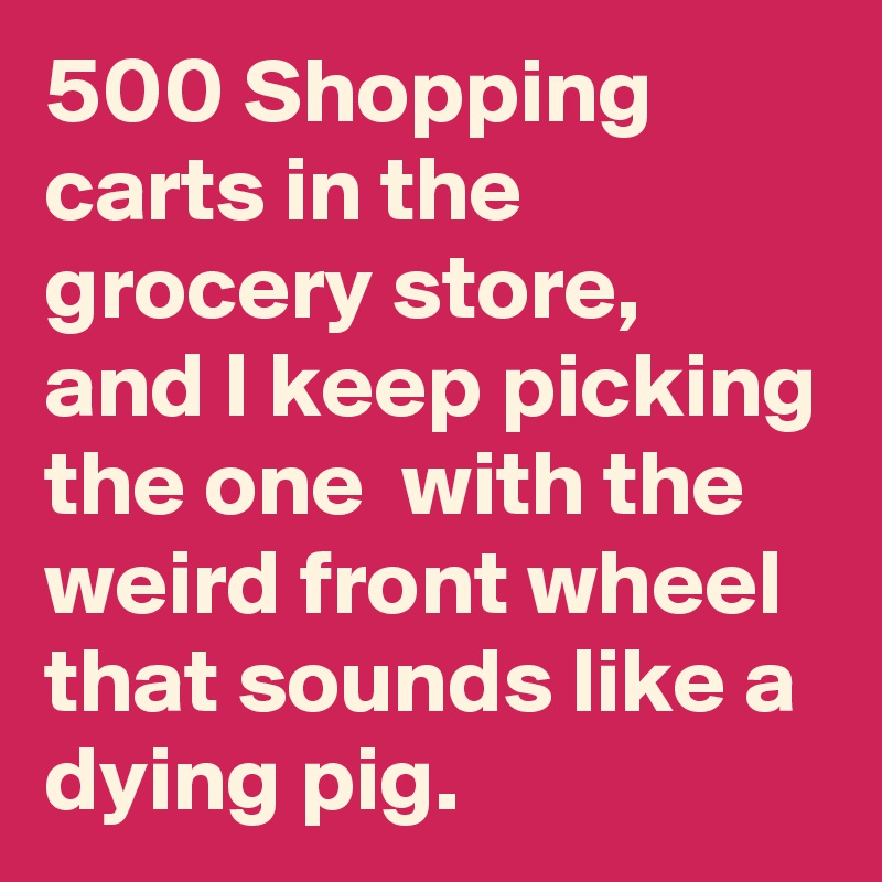 500 Shopping carts in the grocery store, and I keep picking the one  with the weird front wheel that sounds like a dying pig.