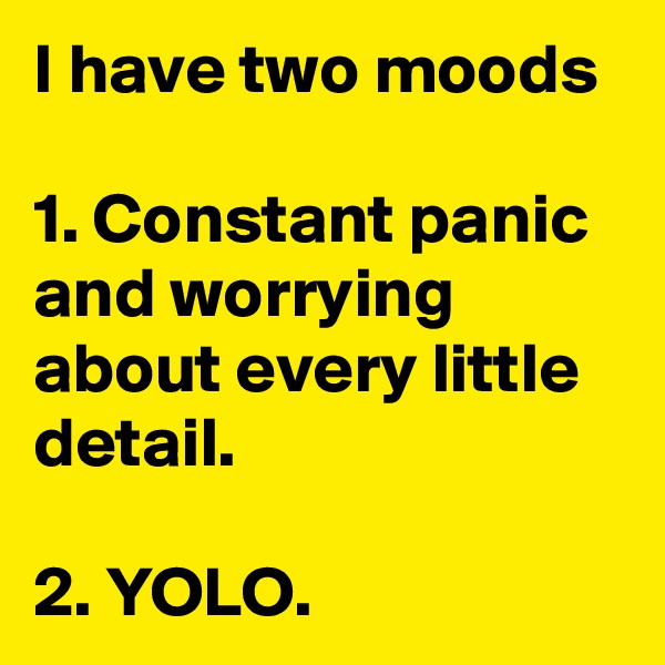 I have two moods

1. Constant panic and worrying about every little detail.

2. YOLO.