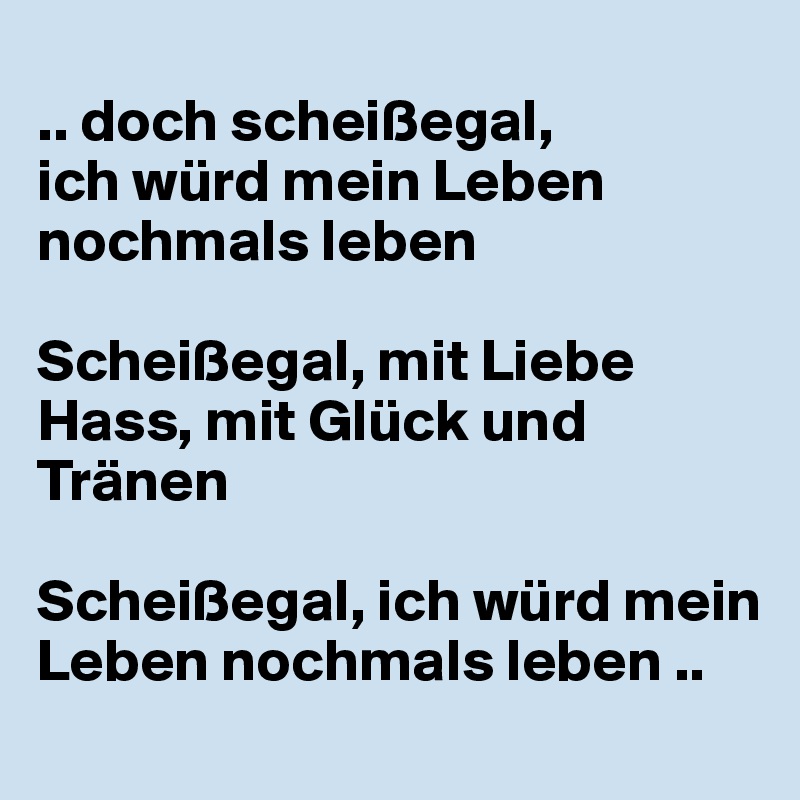 
.. doch scheißegal, 
ich würd mein Leben nochmals leben 

Scheißegal, mit Liebe Hass, mit Glück und Tränen 

Scheißegal, ich würd mein Leben nochmals leben ..